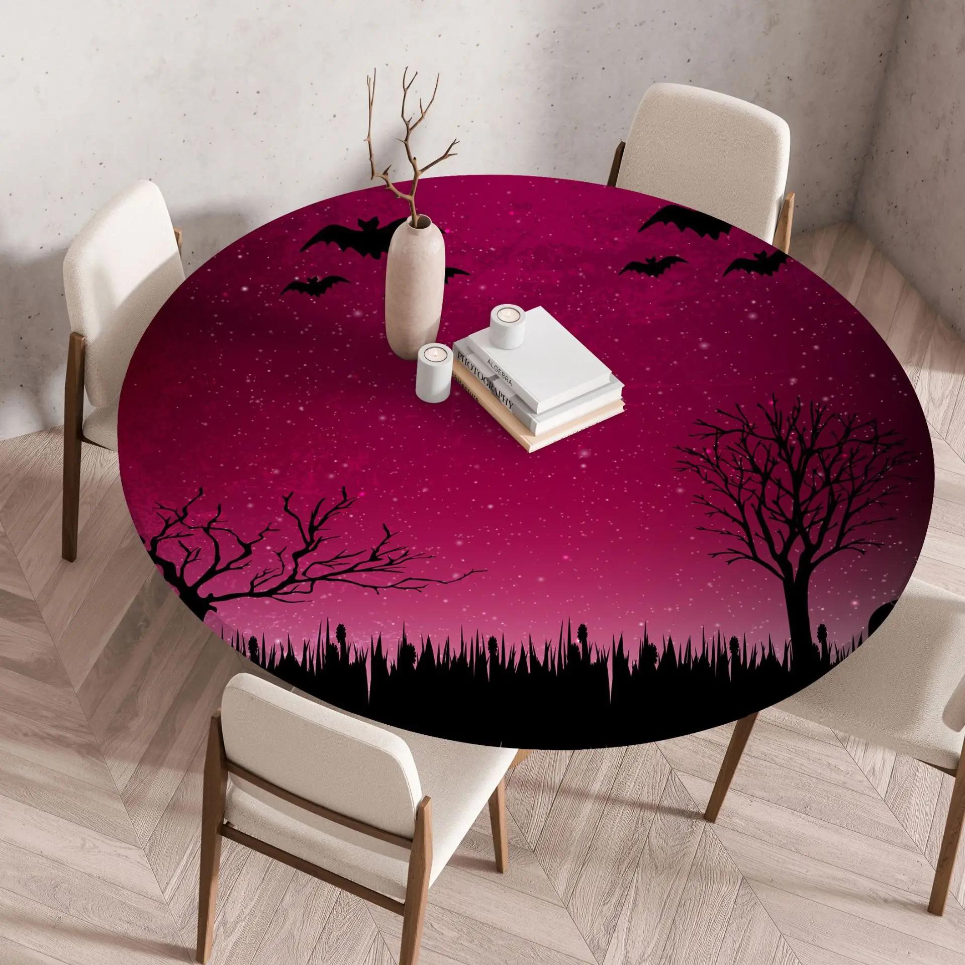 

60/90/100/120cm Hallowmas Printing Round Tablecloth Waterproof Dustproof Elastic Table Cover for Home Dining Decoration 60cm