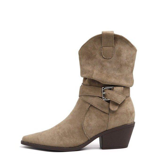 Cowhide Edition~ Boots Coarse Heel Frosted Western Boots Autumn and Winter High Heel Pile Boots Retro Versatile Folded Knight Boots