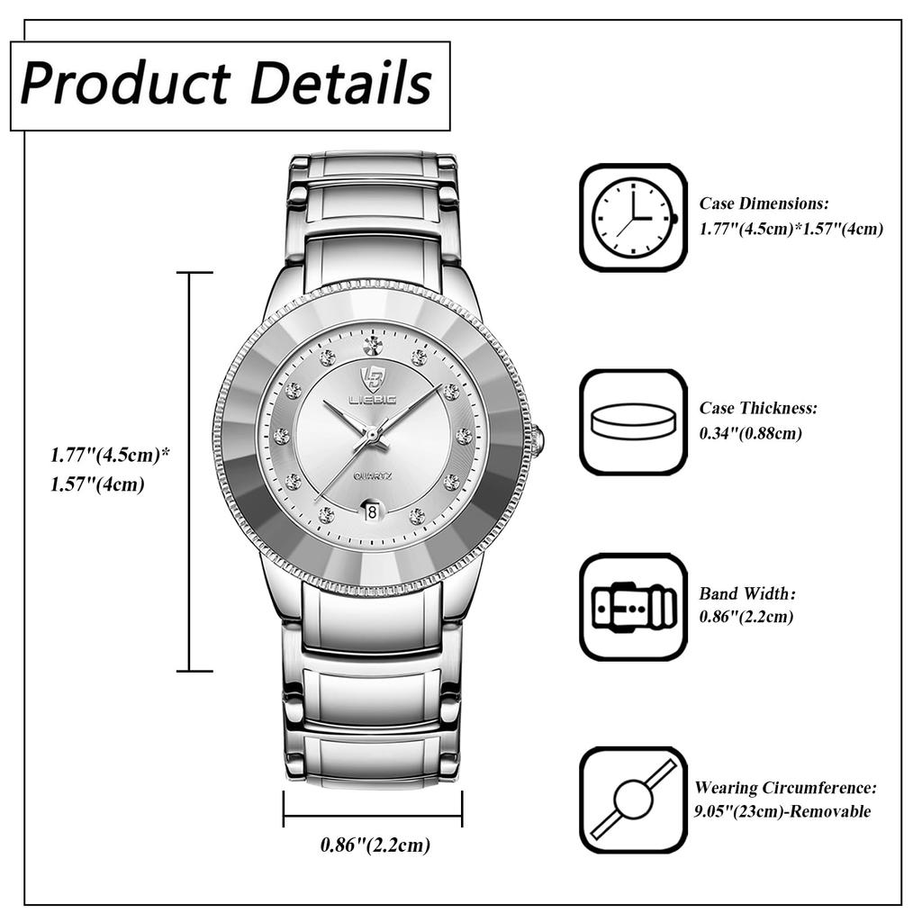 Men's Watch Stainless Steel Diamond Silver Luminous Analog Calendar Quartz Watch 3ATM Waterproof Men's Fashion Accessory