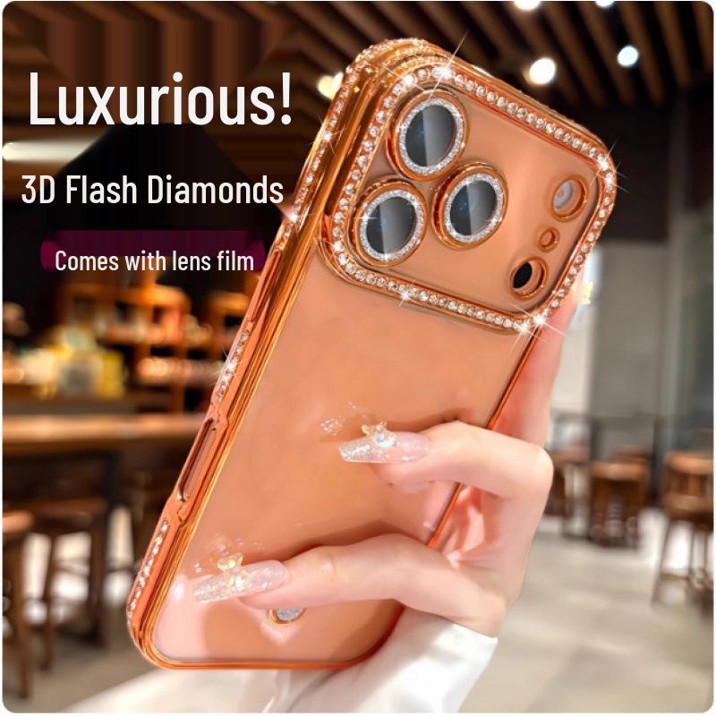 iPhone 17 Pro Max Rhinestone Lens Case: Drop-Proof, Electroplated Soft Shell, Transparent, Compatible with iPhone 14/13