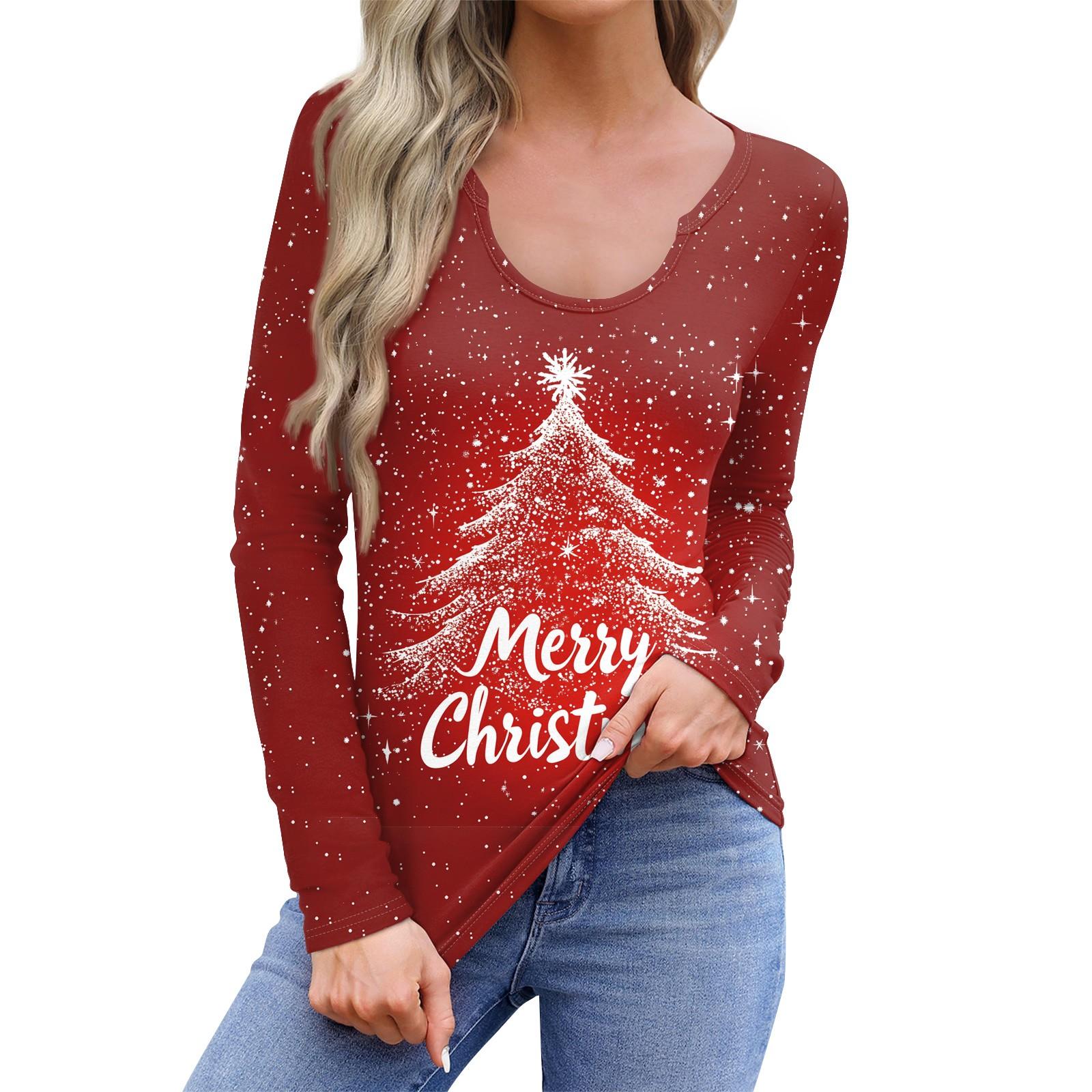 

Женская повседневная модная удобная рубашка с длинным рукавом, рождественская елка, U-образный вырез, повседневная свободная футболка, топы S