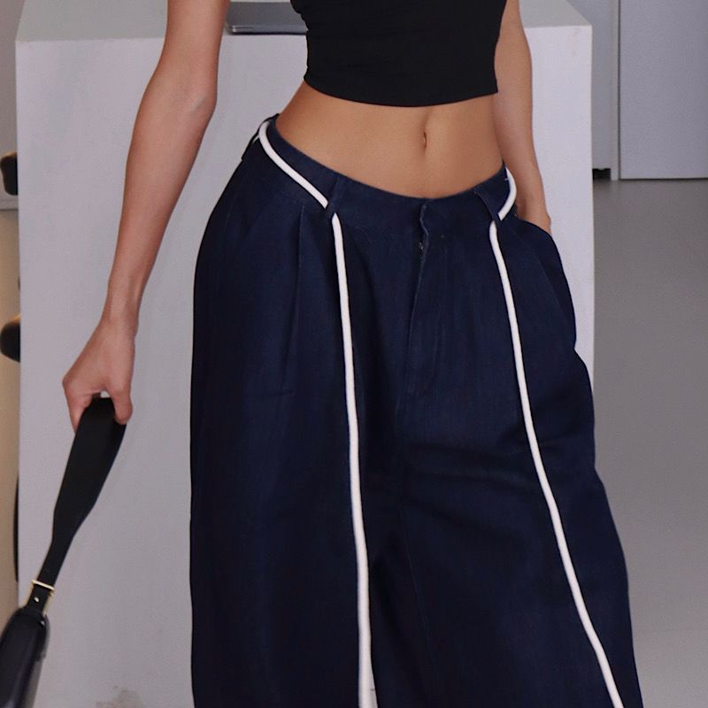 Akiyo Studio Western Style Gyaru Retro Wide Leg Contrast Color Ribbon Jeans Slimming Trousers Foot Covering Lace