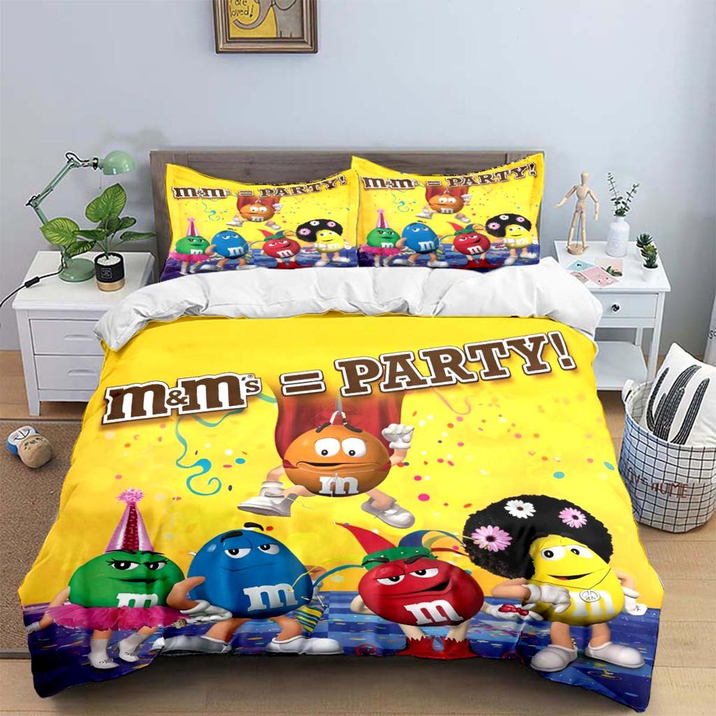 Hot Fashion M&M Chocolate Logo Print Bedding Sets Exquisite Bed Supplies Set Duvet Cover Bed Comforter Set Bedding Set Kids Gift
