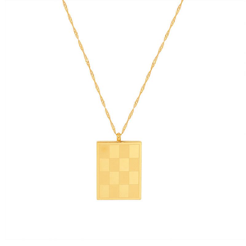 Retro Plaid Square Pendant Titanium Steel Necklace for Women - 18K Gold Plated Clavicle Chain