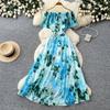 New Women's Summer Sleeveless Print Dress Pearl One-Neck High Waist A-Dress Commuter High Street Style