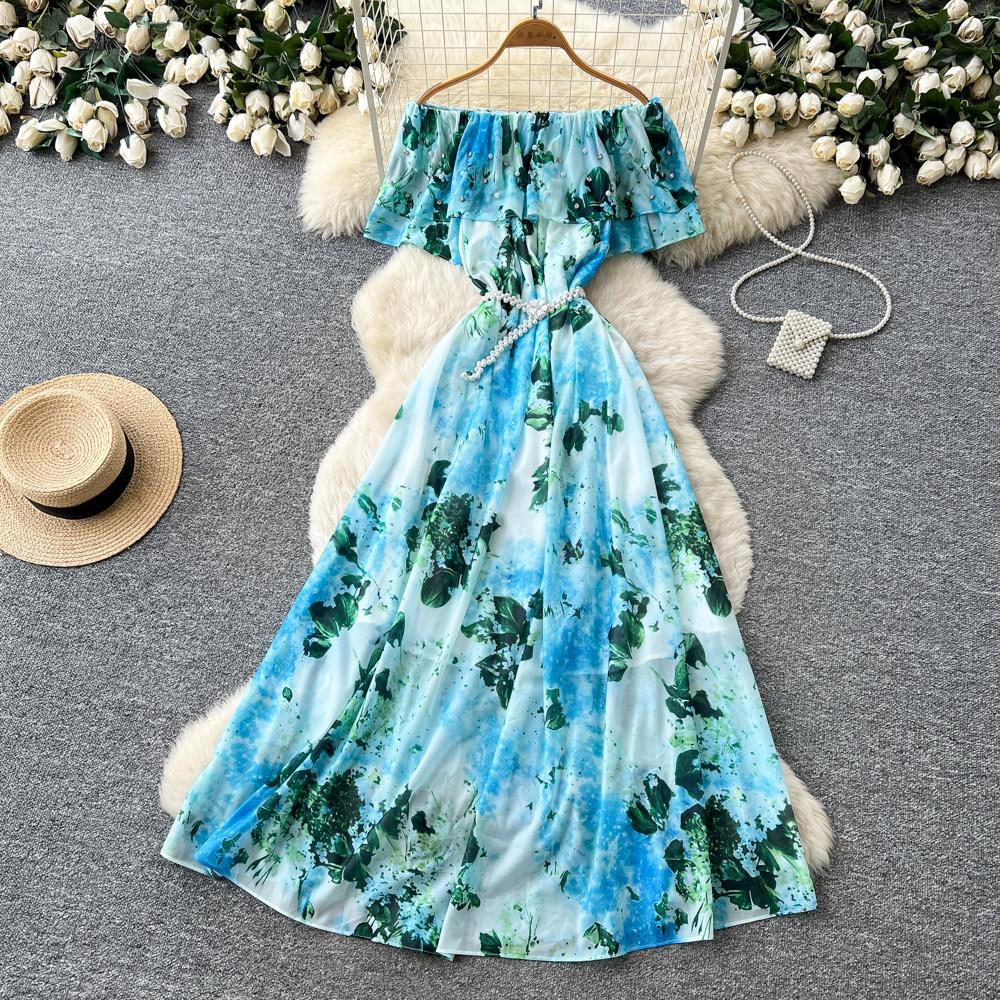 New Women's Summer Sleeveless Print Dress Pearl One-Neck High Waist A-Dress Commuter High Street Style