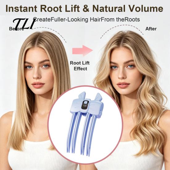 Instrument de styling pentru păr fără fir, Clips cu încălzire pentru ridicarea rădăcinilor, Afișaj LCD, Styler pentru volum cu temperatură controlată, 2 Reglabile Electrice pentru Breton, Plat