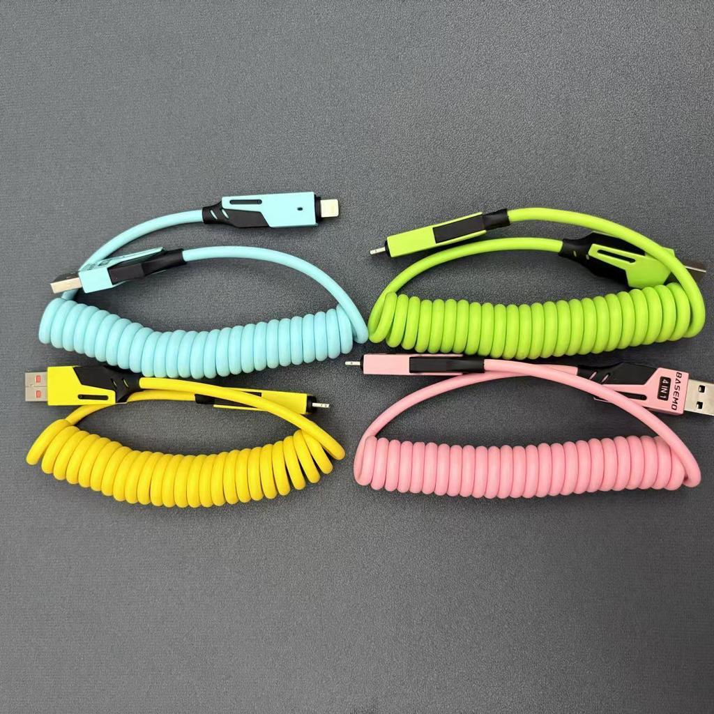Spring Multi-Head Fast Charging Data Cable - 4-in-1 Two-to-Two for Car Use