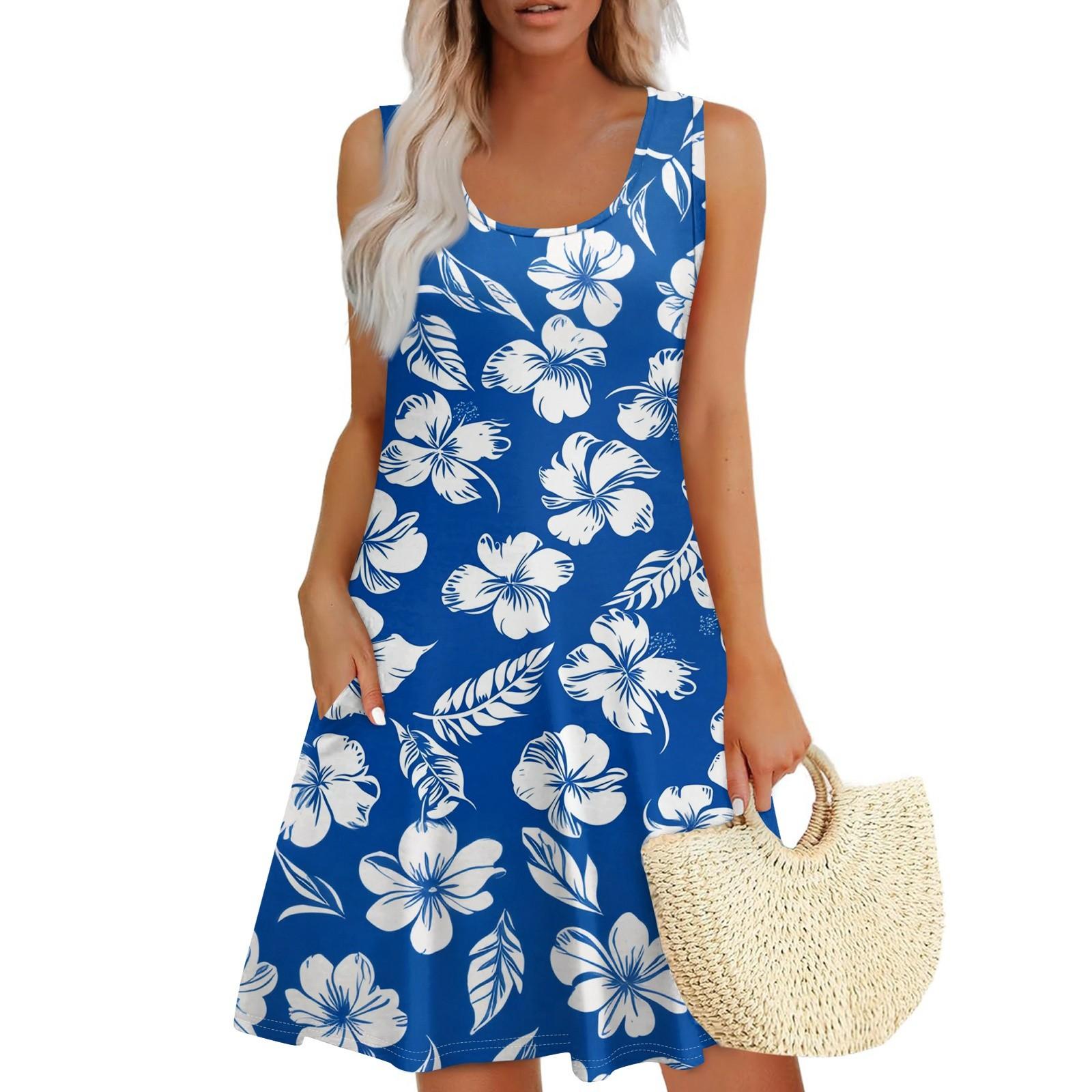 

Женское летнее повседневное платье с U-образным вырезом и цветочным принтом, платье без рукавов с карманами L синий