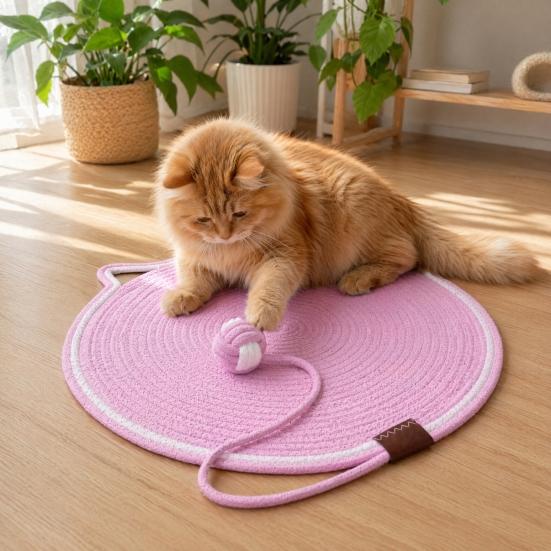 Cat Scratching Pad, Woven Cotton Rope Cat Scratcher with Bait Ball And Cute Ear Design, Indoor Cat Scratcher Mat for Furniture