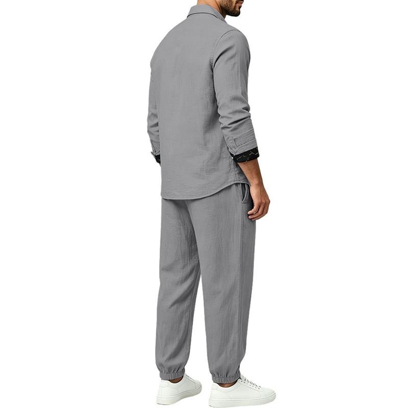 Men's 2‑Piece Linen‑Blend Set, Long‑Sleeve Button Shirt with Contrast Pattern Trim & Chest Pocket, Drawstring Jogger Pants Breathable Casual Outfit