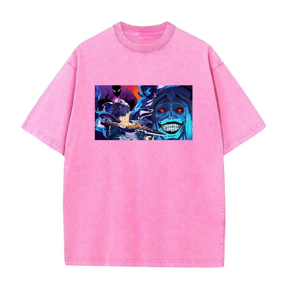 Hot Anime Solo Leveling Sung Jin-Woo Print Washed T-shirt Men Manga Cotton Tshirts Casual Loose Tee Harajuku Male Street T Shirt