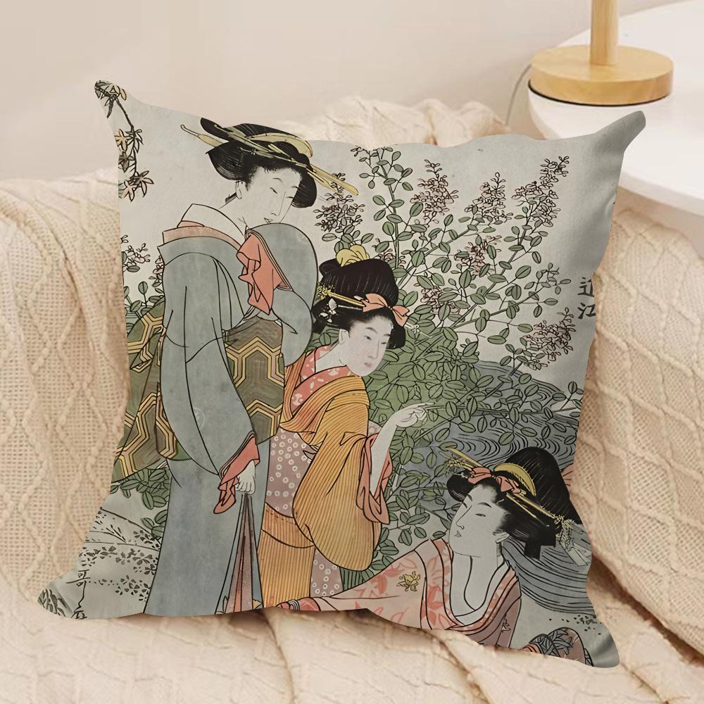 Retro Japanese Geisha Cushion Cover Silky Short Plush Invisible Zipper Dustproof Sofa Pillow Case For Home Decor