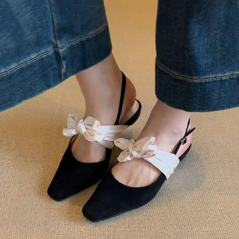 

French temperament lace-up bow back strap bag head sandals retro versatile low-heeled single shoes one-word sandals 39 чёрный
