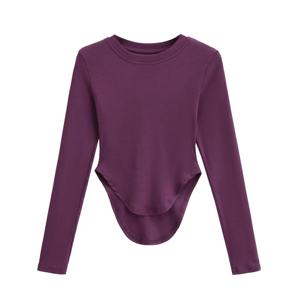 Women's Pilates Crew Neck Long Sleeve Yoga Top - Curved Hem, Spring/Summer Style