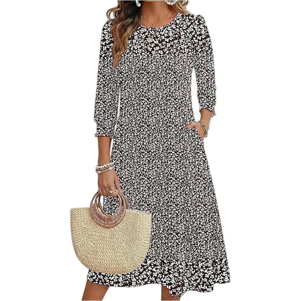 Women's Fashion Pocket Half Sleeve Floral Mid,length Casual Dress