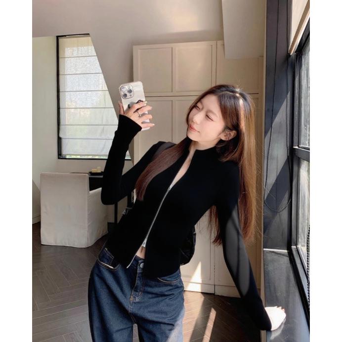 Women's Korean Stand Collar Double Zipper Slim Fit Long Sleeve T-shirt - 2025 Autumn Chic Design