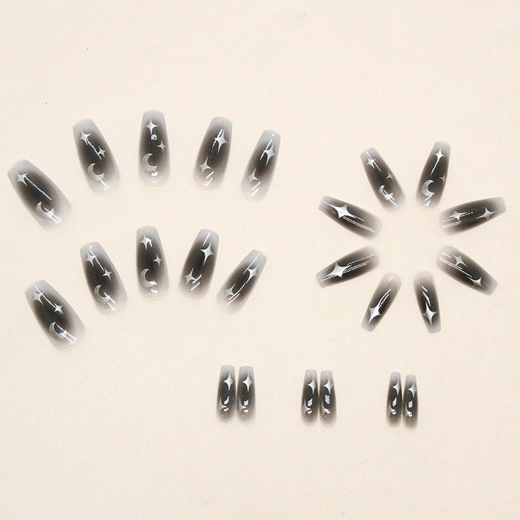 Dark Black Star & Moon Fake Nails Unique Trendy Pattern & Color Fingernails for Daily Lives Everyday Use