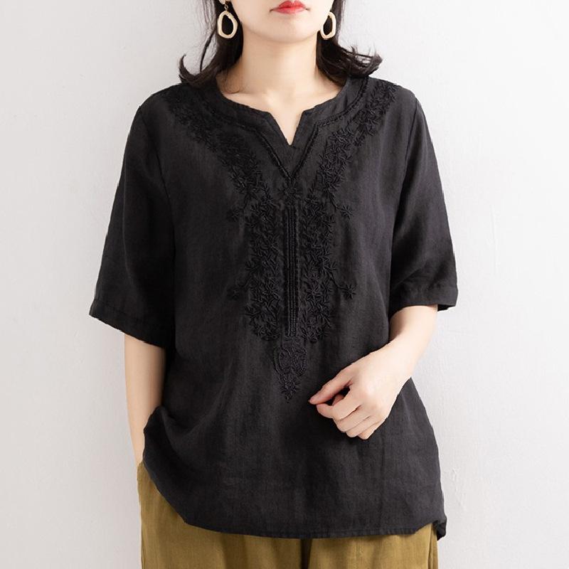 Women's V Neck Short Sleeve Loose Fit Embroidered Cotton T-Shirt Casual Top