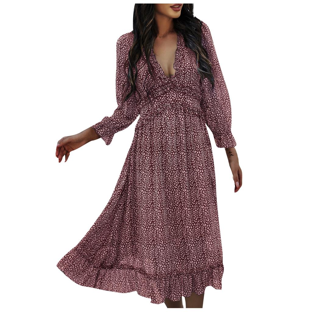 Damemote Langermet V-hals skjørt Plissert Kne-lengde Print Dress