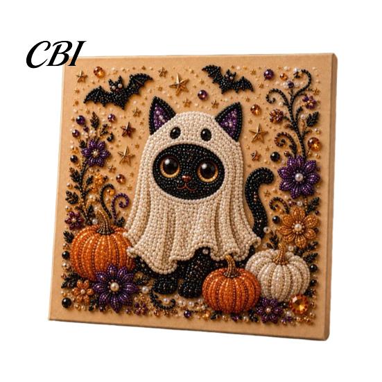 3d Faux Pearl Mosaic Art for Adults Halloween Kit, Cute Ghost Skeleton Painting Room Decor DIY 3D Craft Kit Adults, Fall Home Handmade Gift Lovers