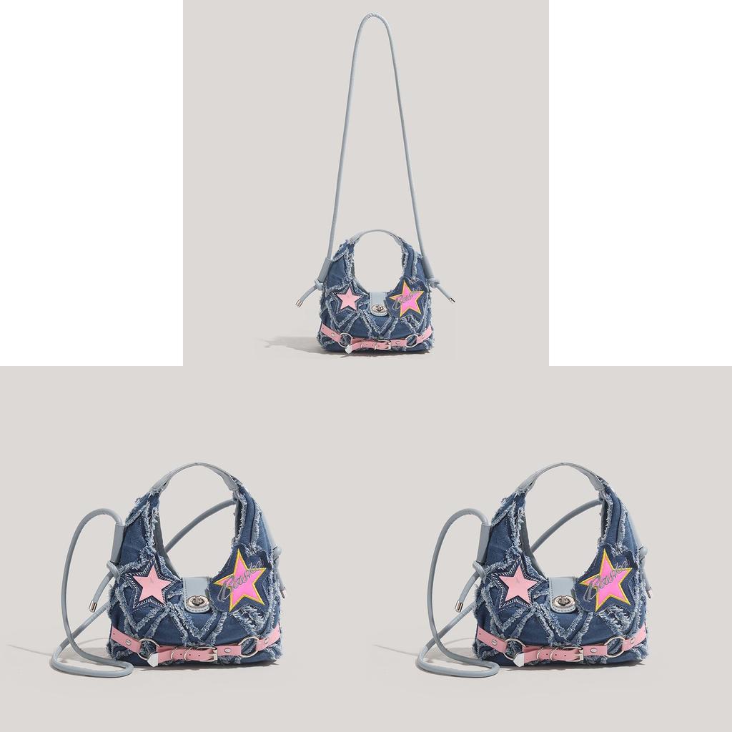 Denim Moon Bag For Women With Puncture Design And Star Punk Style For Daily Use