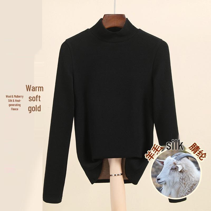 Women's Mulberry Silk Wool Fleece-Lined Warm Base Layer, Mid-High Neck, Autumn/Winter 2025 Collection