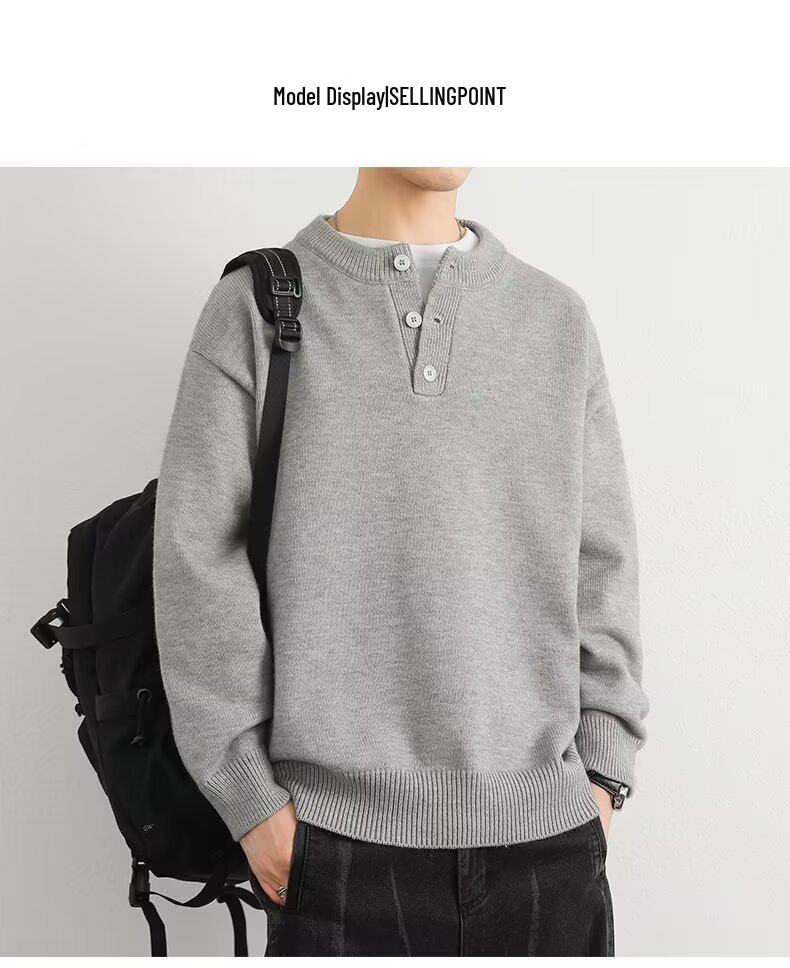 2025 Men's High-Quality Solid Color Retro Henley Knitwear for Autumn/Winter