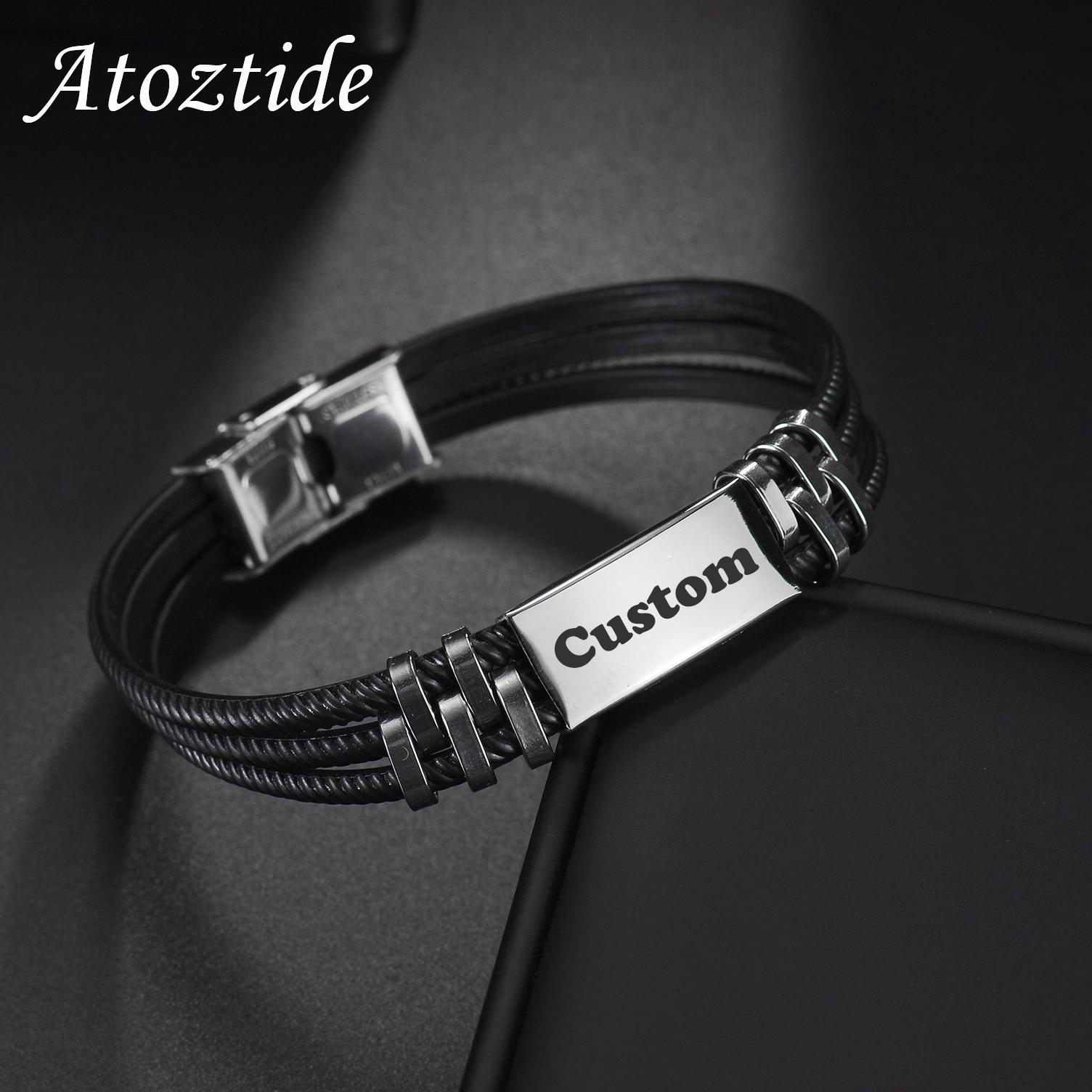 

Браслет Atoztide в стиле панк с индивидуальной гравировкой имени и даты, браслет из нержавеющей стали для мужчин и женщин, черный цвет, восковая веревка, ювелирные изделия