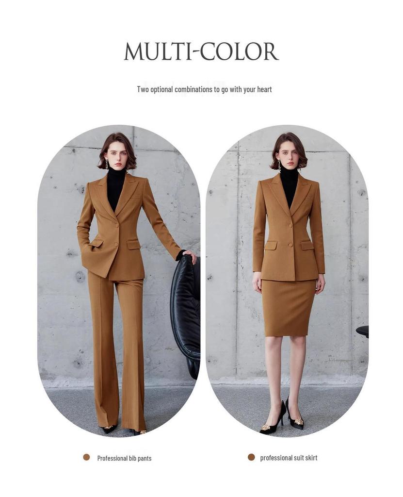 AD Gold Brown Wool Herringbone Suit: Autumn/Winter Formal Blazer & Wide-Leg Trousers