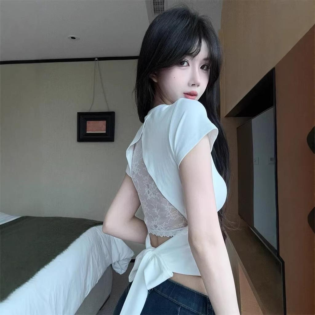 Back Strap Lace Short-sleeved T-shirt Women's Summer Pure Desire Hottie Sexy Backless Short Top Unique and Beautiful