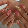24Pcs Leopard Print French Press On Nails, 3D Flower & Gold Rose Fake Nails, Mid-Length Almond Shape
