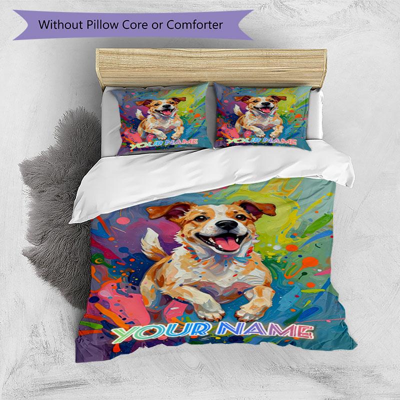 3PC Custom Name "Colorful Dog Artwork" Bedding Set Duvet Cover Closure Includes 1 Duvet Cover & 2 Pillowcases for Bedroom