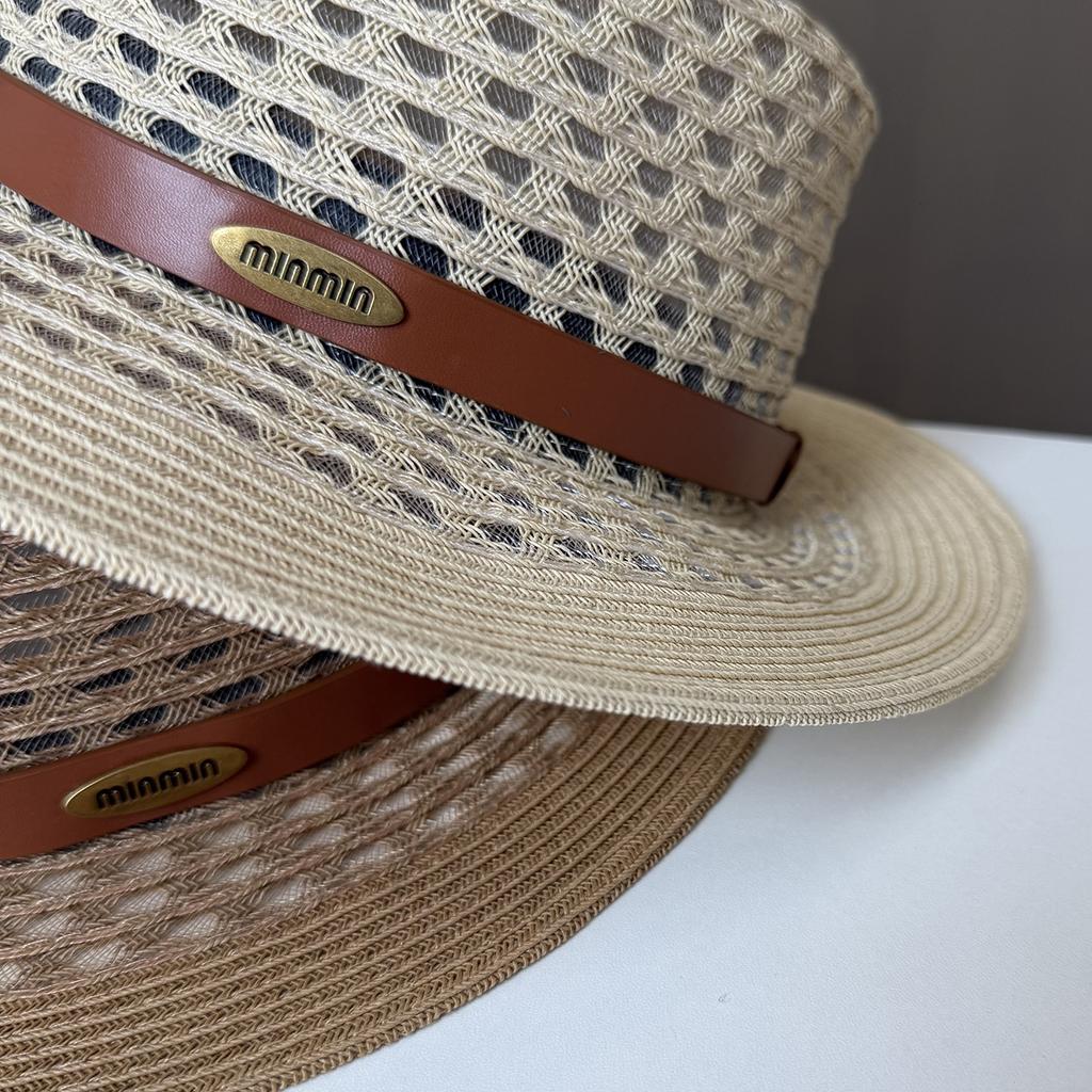 Letter Belt Buckle Breathable Hollow Straw Hat Sunscreen Sunshade Flat Top Top Top Hat Age-reducing Women's Summer Seaside Beach Hat