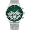 Men's Skeleton Chronograph Quartz Watch Green Dial Silver Case Silver Mesh Strap 1710567