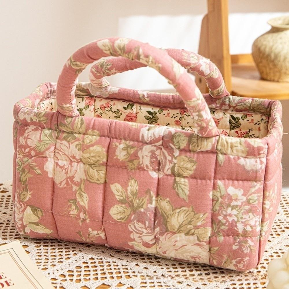 Floral Pattern Bento Handbags Patchwork Design Foldable Shopper Bag Portable Cotton Material Cosmetic Bag Home Textile Storage