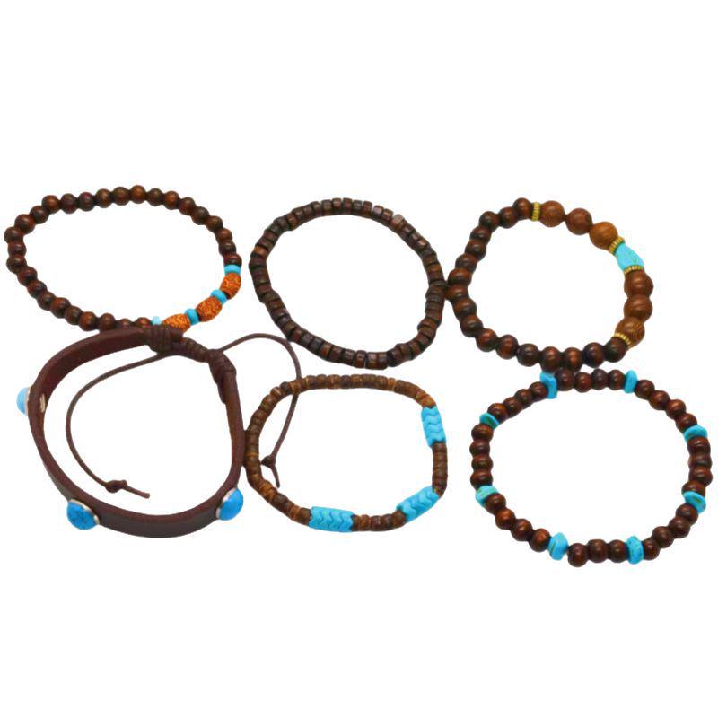 Turquoise Woven Bracelet with Ethnic Style Chicken Feather and Wood Bracelet Set
