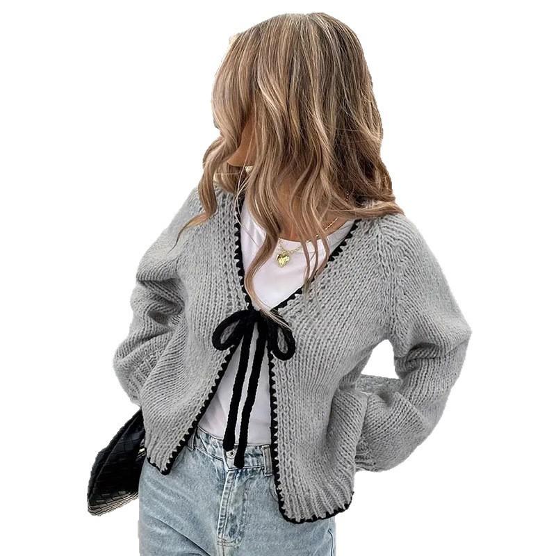 Womens Long Sleeve Knit Cardigan Contrast Trim Tie Front V Neck Sweater Fall