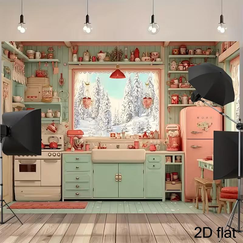 2D Retro Christmas Kitchen Backdrop for Holiday Photos