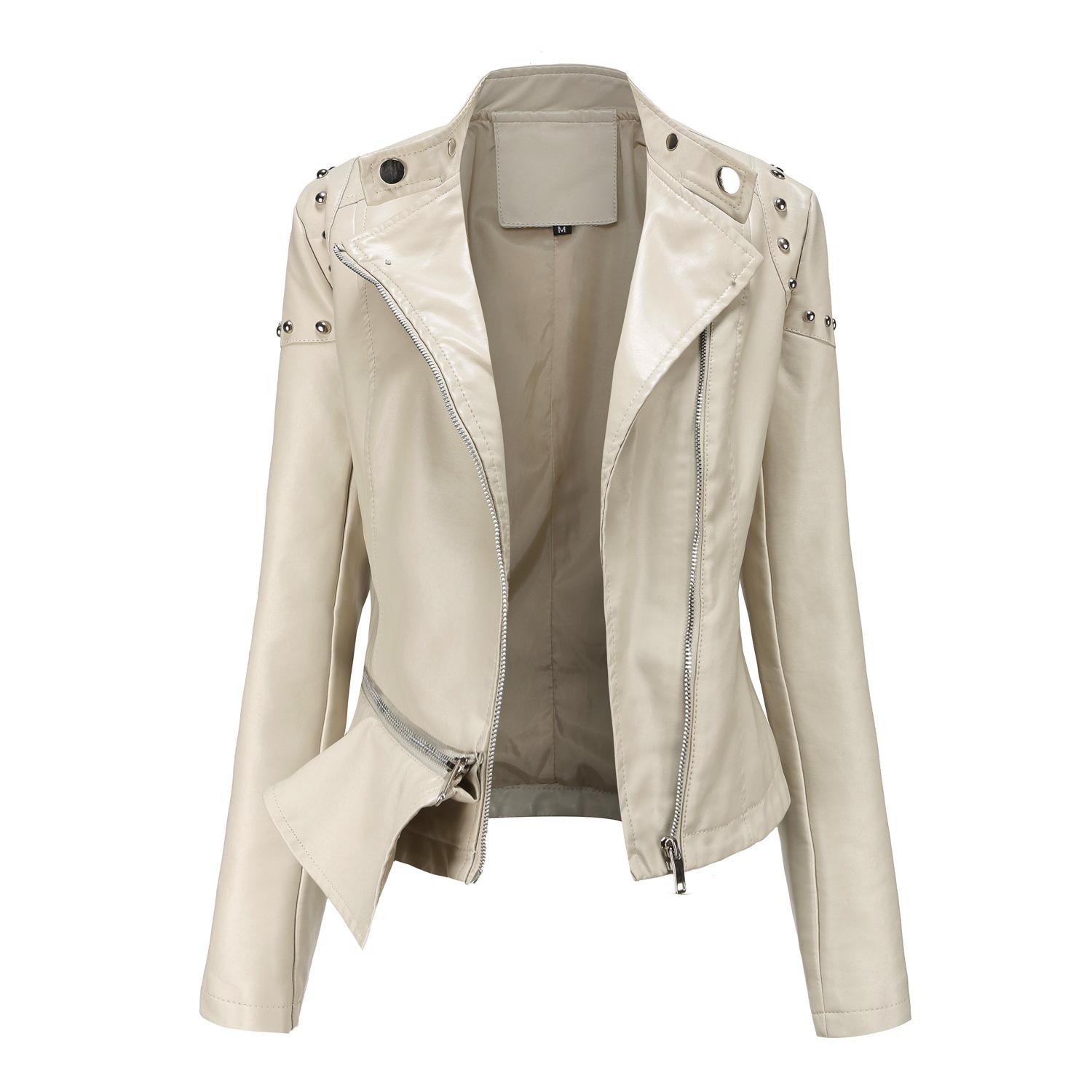 

2021 Women s Rivet Stand Collar Leather Jacket - Solid Color, Fashionable Spring Autumn Outerwear S