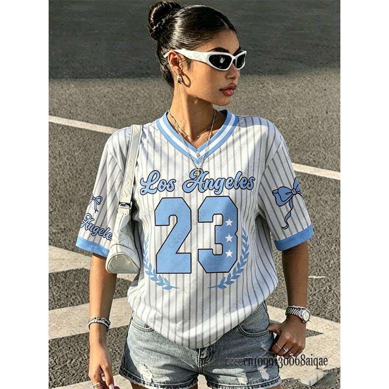 Summer New Los Angeles 23 Print Stripe T-shirt For Women V-Neck Short Sleeve Tees Sports Football Jersey Y2K Loose Oversized Top