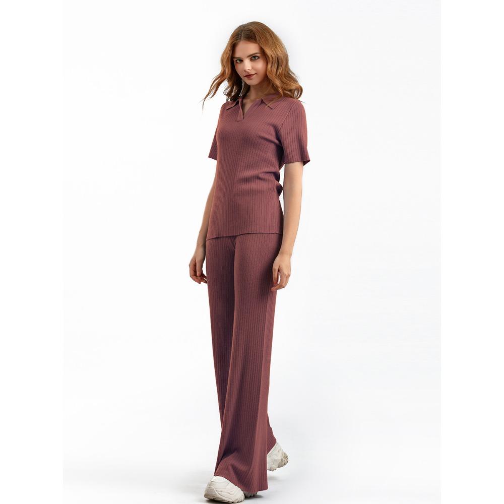 HNXC Women's Polo Collar Puller Short-sleeved Top + Slimming and Versatile Solid-color Wide-leg Long Pants Knitted Fashion Set