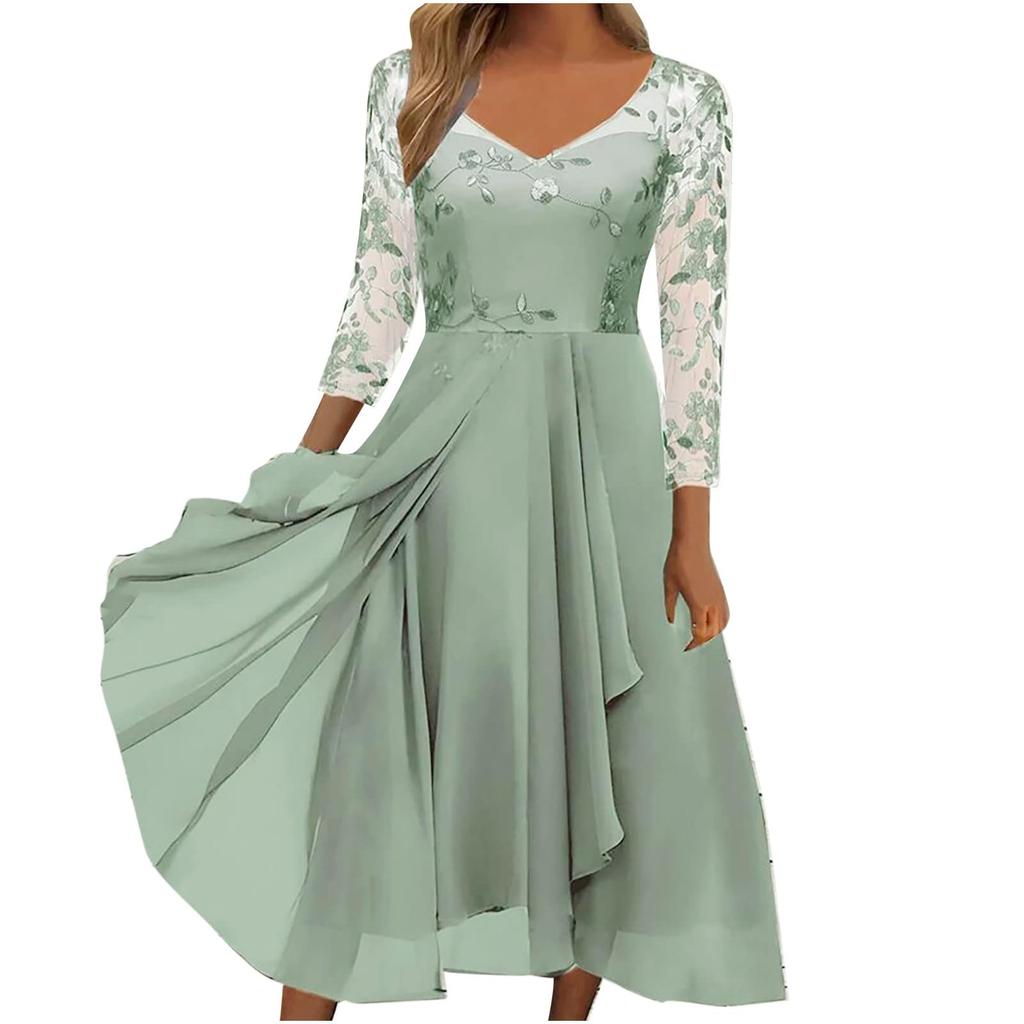 Women's Dress Chiffon Elegant Lace Patchwork Dress Cut-out Long Dress Long Sleeve Bridesmaid Evening Dress