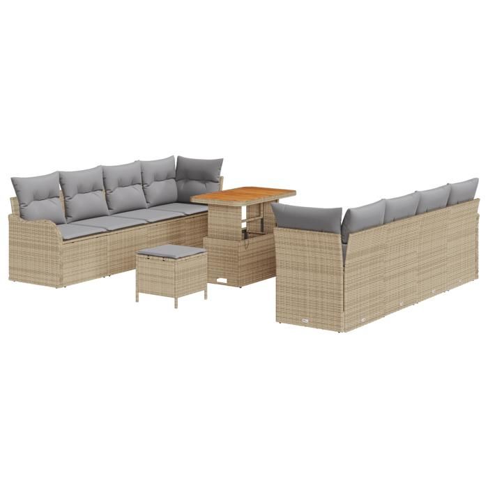 Ensemble de canapés de jardin 11 pièces avec coussins en rotin synthétique beige acacia 3364192