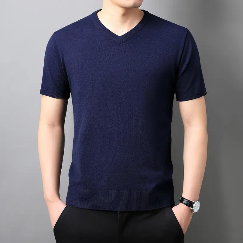 Men V-Neck Pullover Short-Sleeved Sweater 2026 Spring Summer New Knitwear Solid Color Trend Tops Male Oversized T-Shirts 6Xl 8Xl 5XL тёмно-синий 2700₽