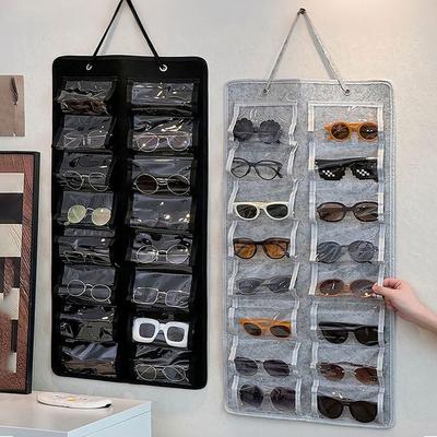 16 Slot Sunglasses Storage Hanging Bag, Wall Mounted Glasses Storage Rack, Foldable, Made of Felt and PVC Material