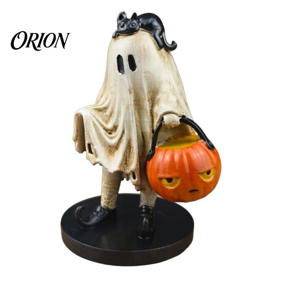 Halloween Ghost Figurine Vintage Figurine, Cute Spooky Resin Statue with Pumpkin Home Decor Bucket And Black Cat for Indoor Kitchen Christmas Holiday
