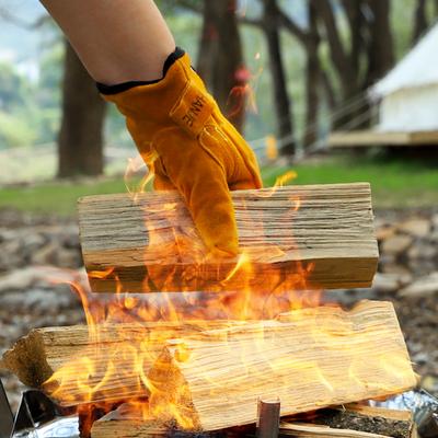 Guantes aislantes e ignífugos para barbacoa al aire libre, guantes protectores para acampar resistentes al calor y al desgaste de piel de vaca engrosada