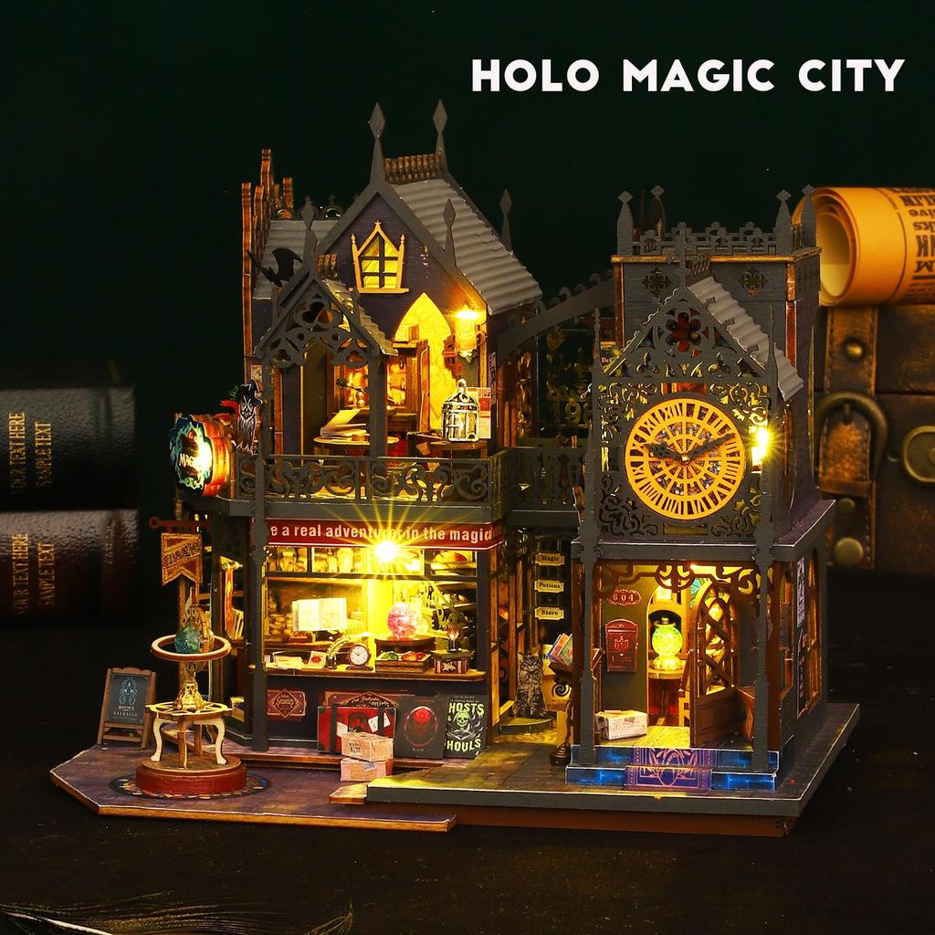 Spilay DIY Wooden Dollhouse Model Castle Building Scenery Miniature Dollhouse DIY Kit Set for Beginners with LED Light and Dustproof Cover Christmas