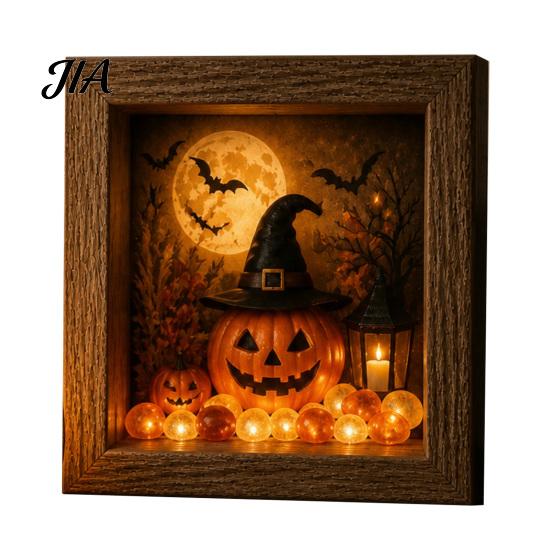 Seasonal Interior Decor Halloween Shadow Box Frame DIY Lighted Craft Kit, Wooden Night Light with Unique Gift for Lovers Sea Glass Stones, Gothic LED